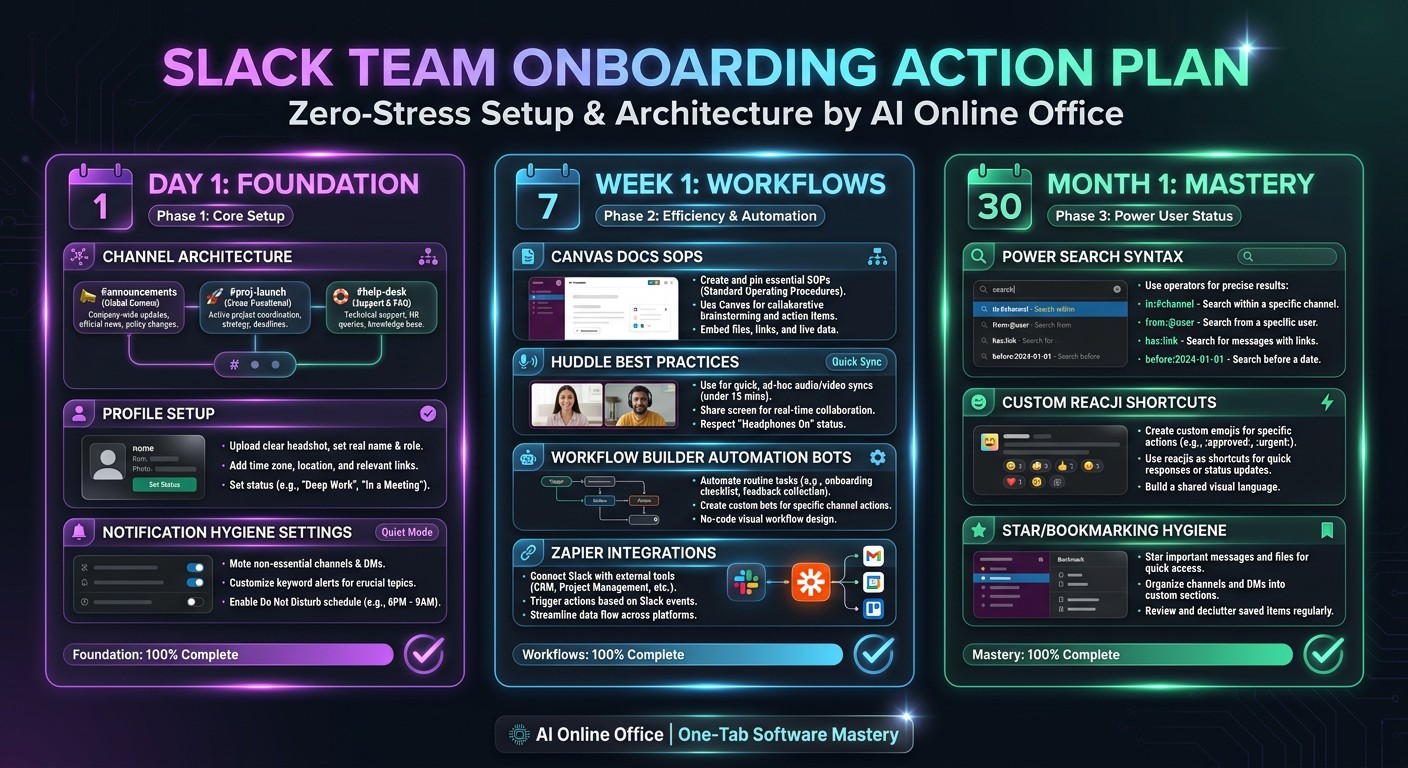 Example Slack team onboarding checklist organised into day one, week one and month one