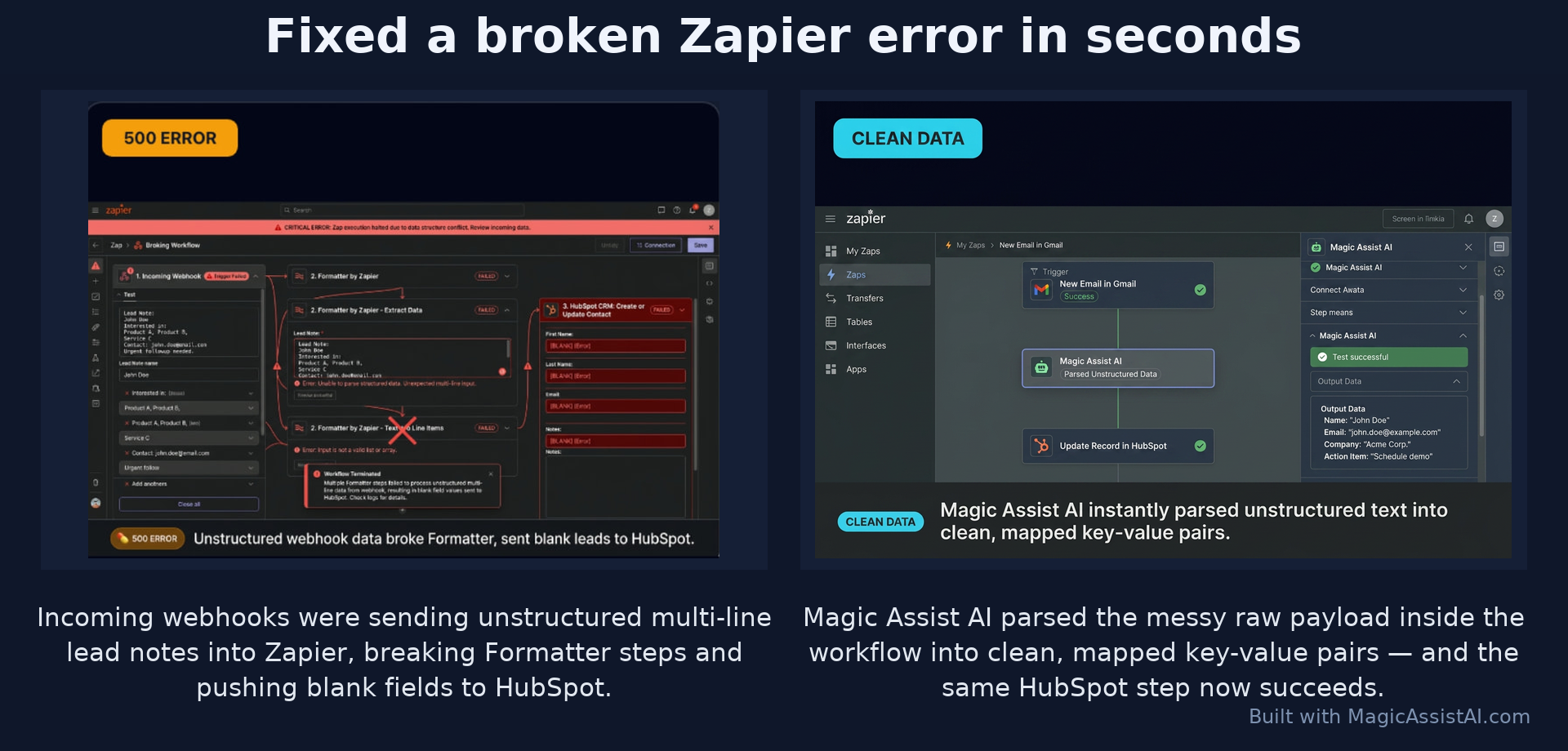 Before and after: AI Online Office fixed a broken Zapier payload error that was sending blank HubSpot leads, turning it into a clean workflow in seconds