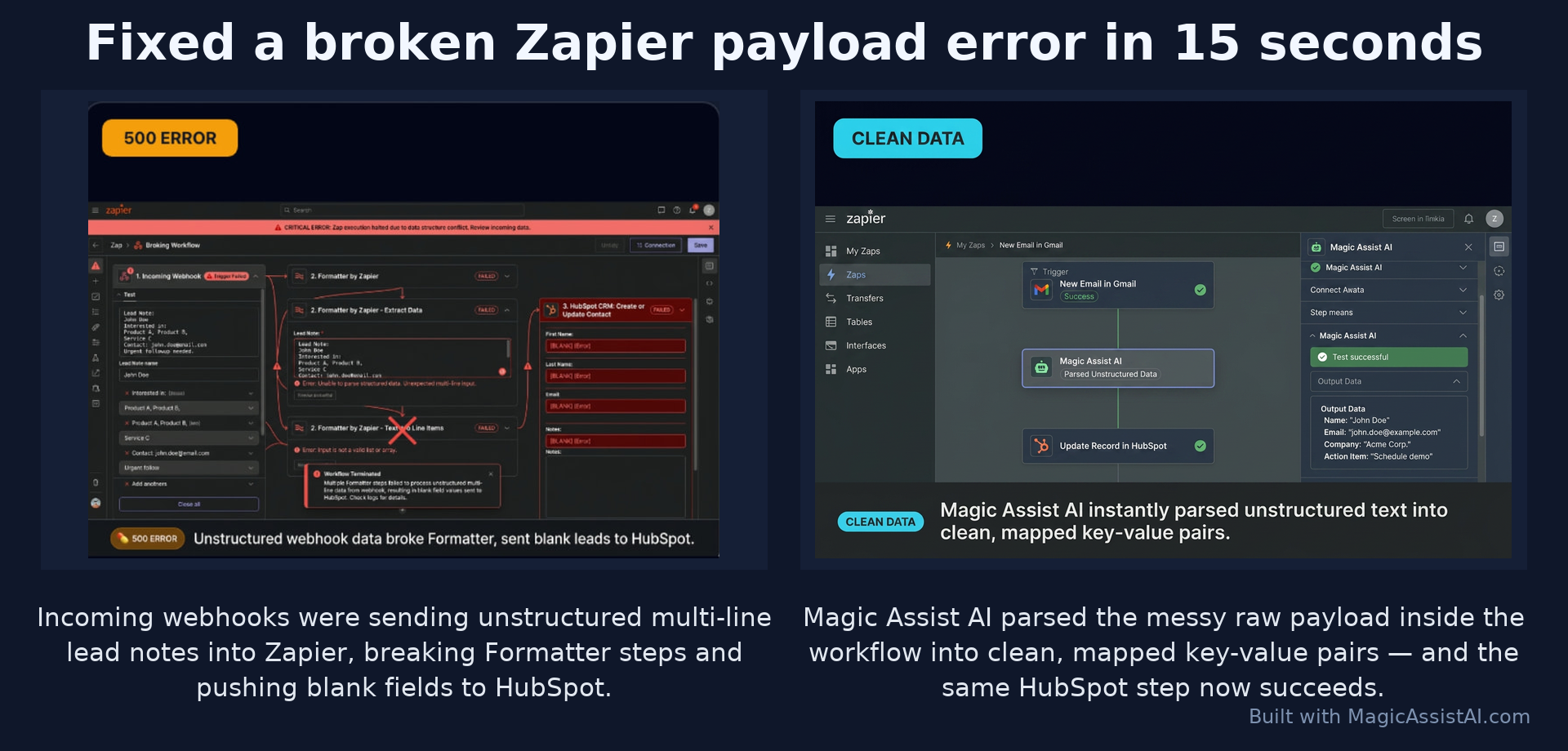 Before and after: AI Online Office fixed a broken Zapier payload error that was sending blank HubSpot leads, turning it into a clean workflow in 15 seconds